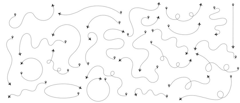 Line with plane icon for travel and flight trip, air map. Dashed route with dots and trace for airport plan or destination background. Simple graphic elements set