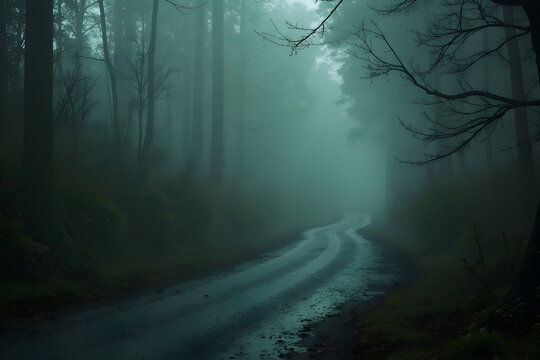 Fototapeta Winding Road Through a Misty Forest Landscape