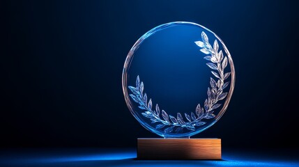 a circular crystal award with a sleek, translucent glass surface, elegantly etched with a laurel wreath design, resting on a polished wooden base, illuminated by a dramatic blue spotlight against a