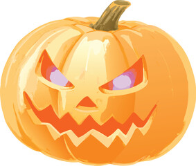 Spooky carved halloween pumpkin with glowing purple eyes and jagged mouth