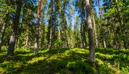 Fototapeta premium Lush forest floor with tall trees
