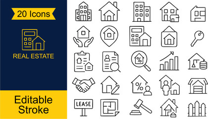 Naklejka premium Vector set of 36 real estate icons in modern flat style featuring houses, apartments, property sale, rent, keys, location, contracts, agents, mortgage, buildings, and realty services.