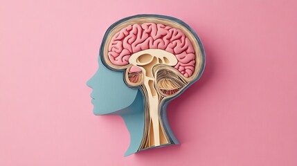 Obraz premium a conceptual brain anatomy artwork using layered paper textures, featuring a bold deep blue human head outline, an elegant butter-cream yellow brain design, and a textured salmon cerebellum, all set