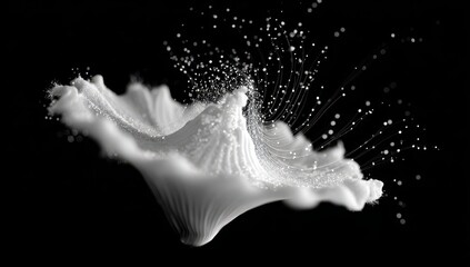 Abstract white, cloud-like form, radiating lines, and particles on black