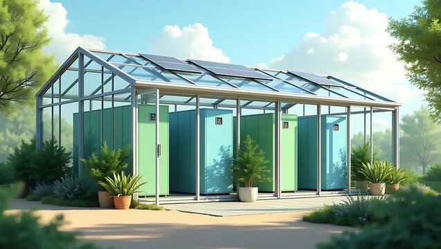 Sustainable data center greenhouse with solar panels and green energy tech