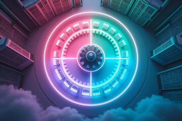Futuristic neon glowing data center server room cloud computing concept