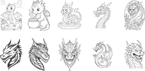 Set of cute and fierce dragon characters outline drawing coloring book collection
