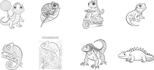 Set of cute lizard iguana chameleon cartoon outline coloring book collection