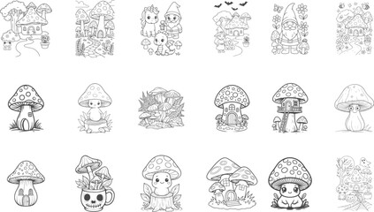 Obraz premium Set of cute mushroom fantasy house gnome outline coloring book collection