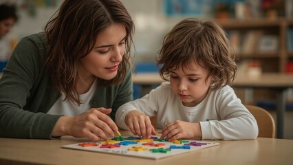 Woman and child engaged in educational activity.