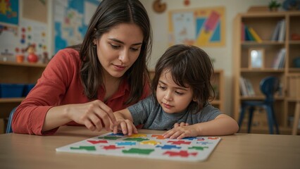 Fototapeta premium Woman and child engaged in educational puzzle activity.