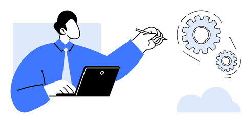 Worker in blue shirt using laptop while pointing to floating gears representing process design. Ideal for innovation, management, teamwork, digital transformation, planning, strategies, simple flat