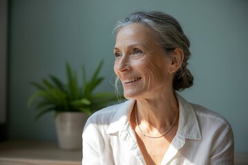 Radiant senior woman with silver hair smiles warmly, bathed in soft sunlight, embodying confidence and wisdom in a modern setting.