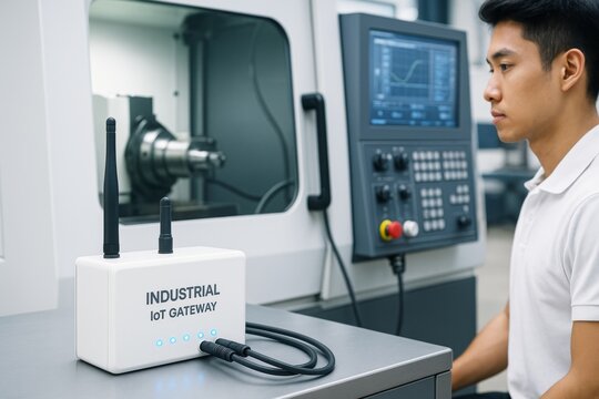 Industrial IoT gateway device in smart factory setting with technician monitoring CNC machine on digital control panel in background. Ai generative. Ai generative