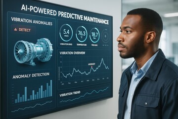Engineer analyzing AI-powered predictive maintenance dashboard with vibration anomaly data on digital screen in high-tech industry background. Ai generative