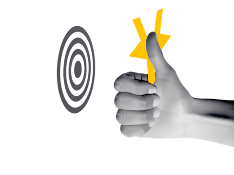 A stylized hand giving a thumbs up with a yellow star and a target in the background on black created with generated ai