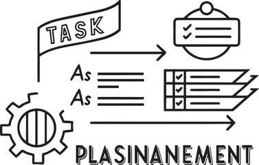 Black line art icons for project management and task completion checklist gear