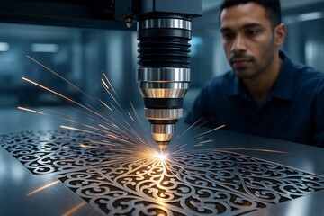 Laser cutting machine processing intricate metal pattern with sparks, technician observing operation in modern industrial background. Ai generative