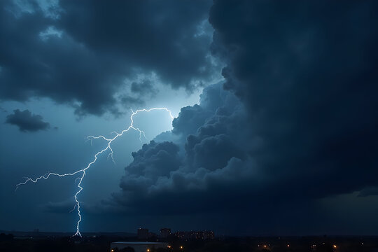 Lightning Striking Over City During Storm with Dark Clouds