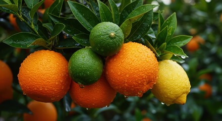 A close up of citrus fruits including oranges limes and a lemon on a tree with green leaves