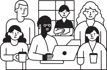 Diverse group of people collaborating in an office setting with laptops and coffee diversity collaboration