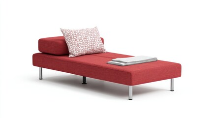 Red chaise lounge with patterned pillow and throw