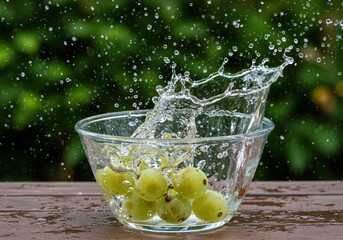 Still life of green gooseberries in a glass bowl with water splashing and green background outside