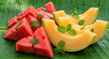 Watermelon and cantaloupe slices with mint leaves on a banana leaf create a refreshing summer treat