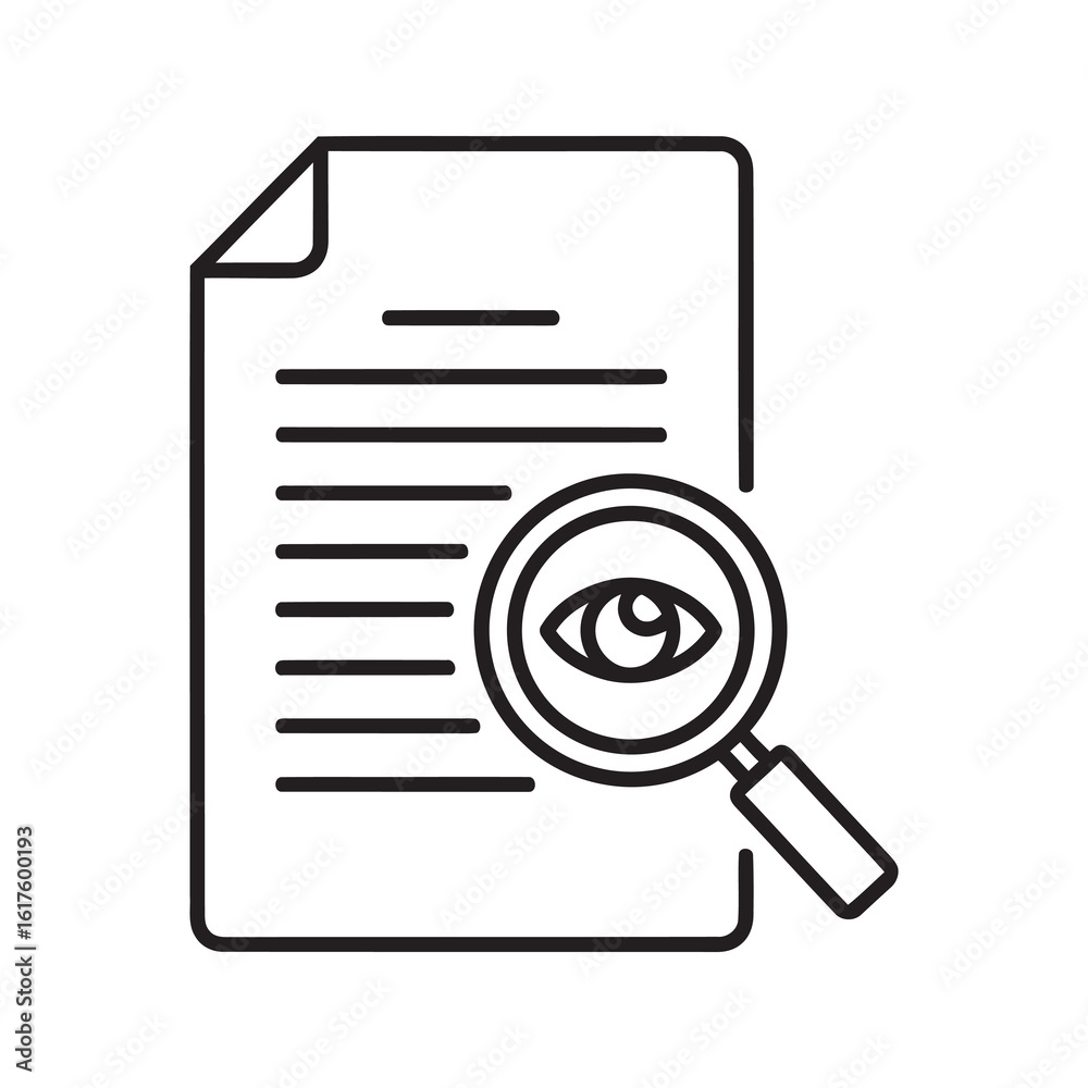 Poster document review icon with magnifying glass and eye for content analysis and proofreading representin