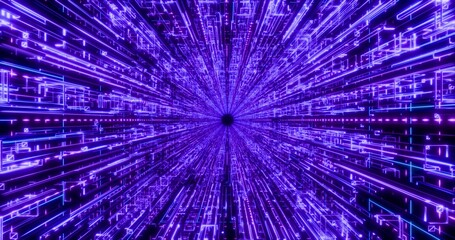 Futuristic glowing neon wireframe background. Shining geometric purple rays in perspective. Bright retro digital cyberspace. 3D rendering.