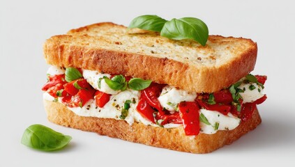 Toasted sandwich with mozzarella, roasted peppers, and basil