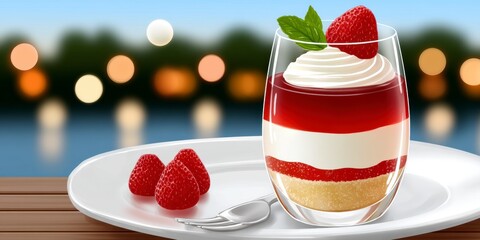 Raspberry Parfait Dessert on Wooden Table at Sunset