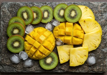 Sliced kiwi mango and pineapple fruit with ice cubes arranged on a dark textured stone surface