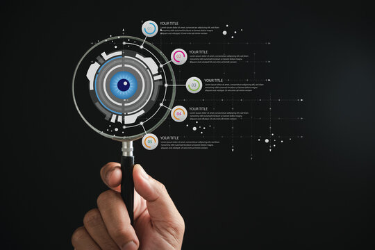 Ai innovation in technology is explored with a magnifying glass focused on circuit lines representing machine learning and futuristic data, illustrating core of ai intelligence analytical precision