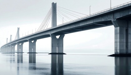 Modern concrete bridge spanning a calm body of water on a hazy day