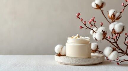 Natural skincare cream in a jar with cotton branches and soft lighting