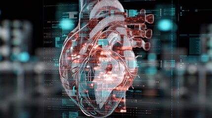 HealthTech. Anatomical heart model with digital elements and data visualization. - Powered by Adobe