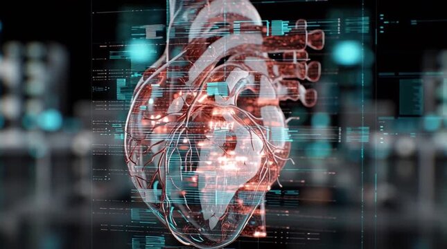 HealthTech. Anatomical heart model with digital elements and data visualization.