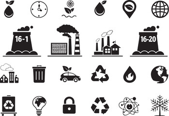 Silhouette Icons of Global Warming & Pollution on White Background