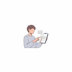 A young man uses a smartphone for online education confirmation, a vector illustration of digital learning success.