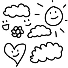 Cute Doodle Style Cloud, Sun, Heart, and Smile Faces Illustration – Hand Drawn Line Art for Kids and Educational Graphic Design