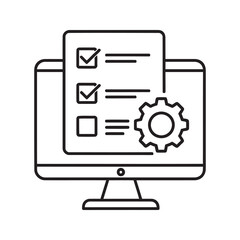 Fototapeta premium Online task management icon with computer checklist and gear for digital workflow and system configuration representing software settings line vector stroke