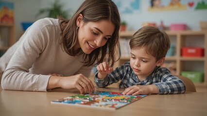 Fototapeta premium Mother and child working together on a jigsaw puzzle.
