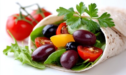 Vegetarian Wrap with Olives and Tomatoes on White Background