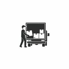 Delivery worker loading cardboard boxes onto a truck. Logistics and shipping service icon for moving and freight transportation.