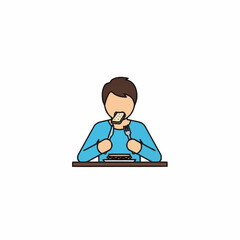 A simple vector illustration of a person sitting at a table and eating a meal with a fork and knife, isolated on a white background.