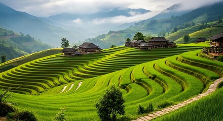 Fototapeta premium Lush green rice terraces cascade down the mountainside in a rural vietnamese village on a misty morning