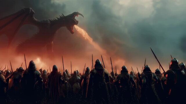 Fantasy action scene of a dragon battle. Medieval soldiers in cinematic battle against flying fire breathing dragon in dark smoke
