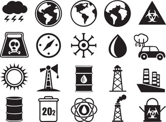 Silhouette Icons of Global Warming & Pollution on White Background