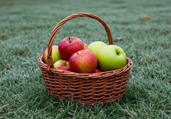 A woven basket filled with red and green apples sitting on a field of frosted grass outside